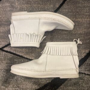 Minnetonka White Kids Moccasins with Fringe